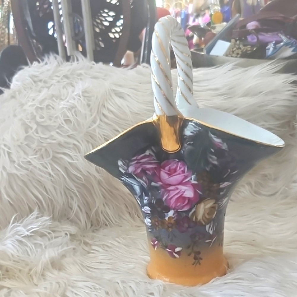 Floral Ceramic Basket with Gold Accents